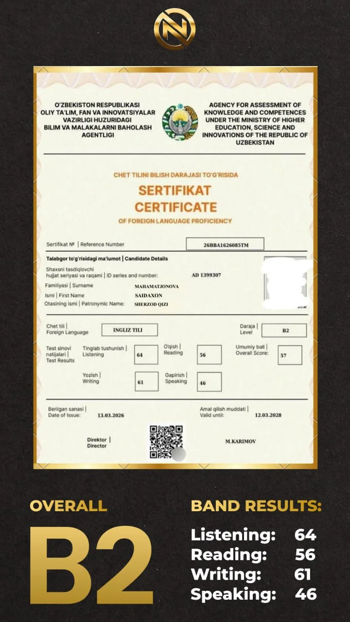 B2 English proficiency certificate