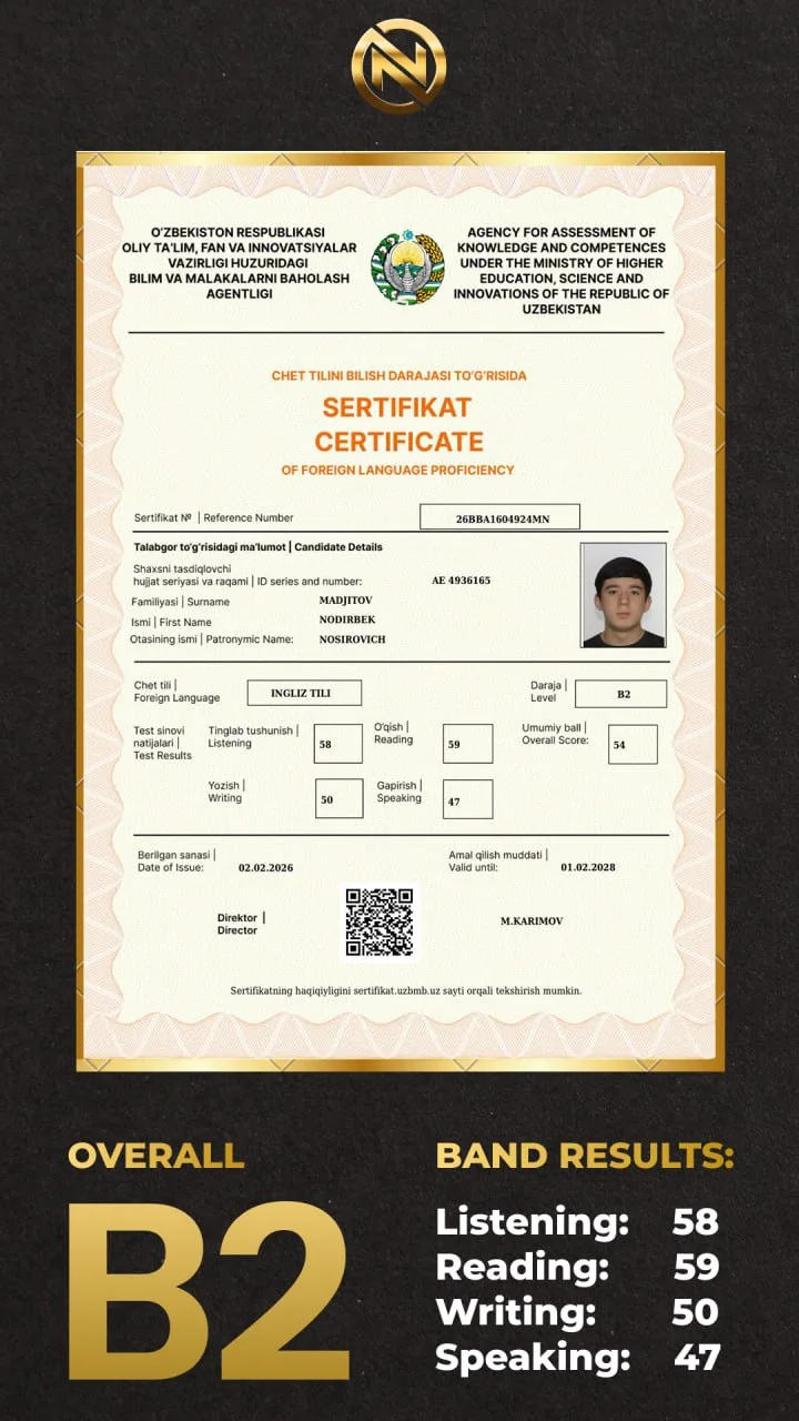 B2 English proficiency certificate