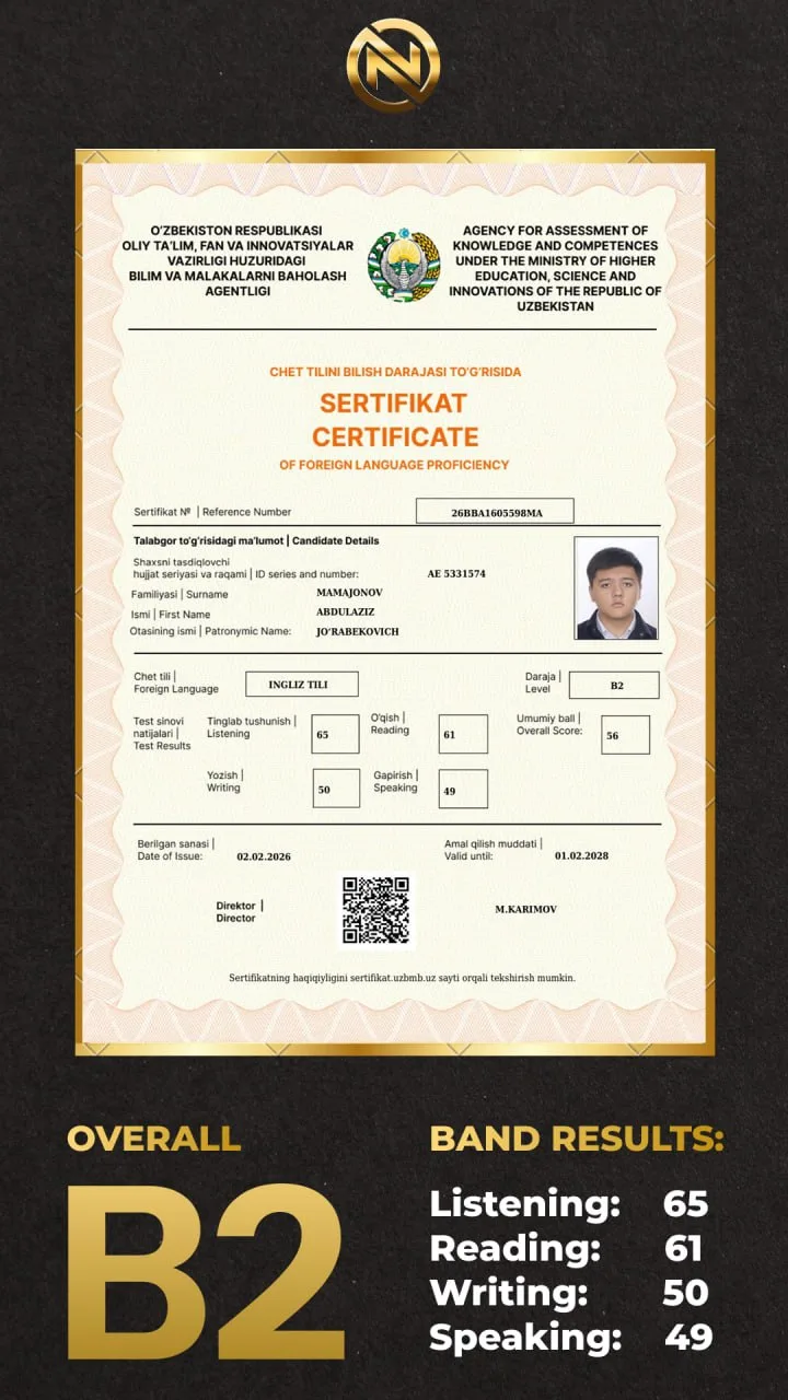 B2 English proficiency certificate