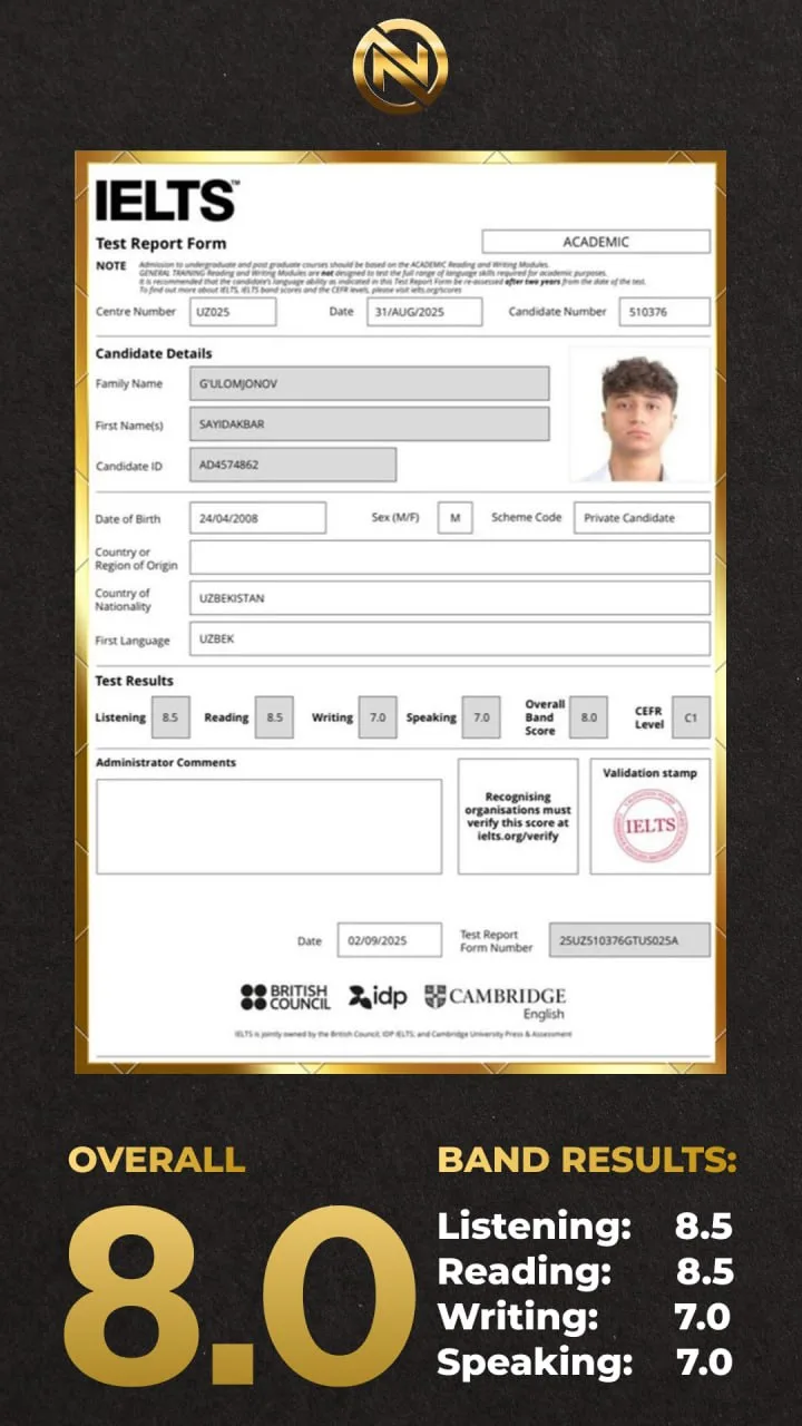 IELTS 8.0 test report form