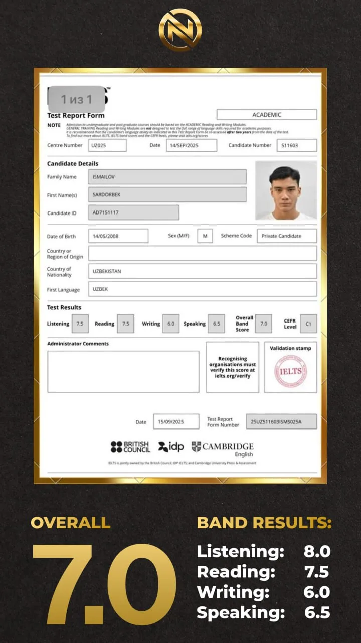 IELTS 7.0 test report form